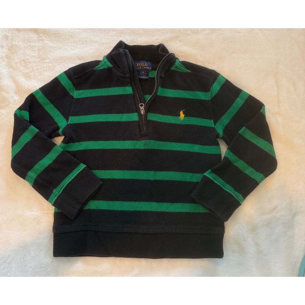 Polo Ralph Lauren Boys 4 Quarter Zip Sweater Navy Blue Green Striped Ribbed Knit